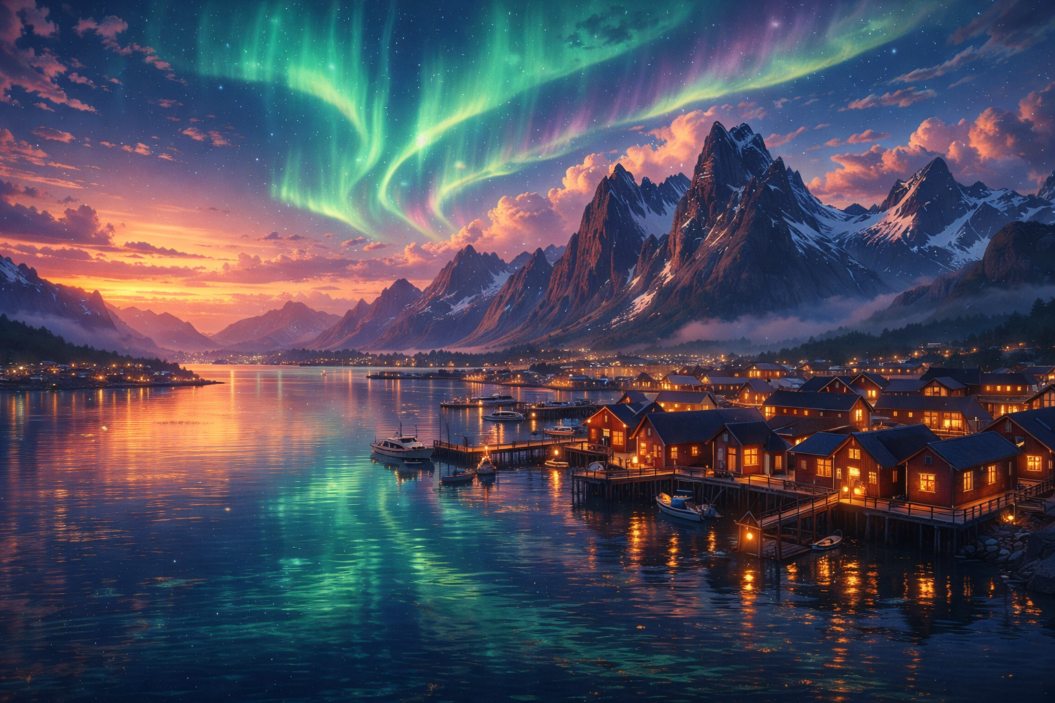 Lofoten fishing village under the aurora borealis — mountains, warm cabin lights reflecting on still water